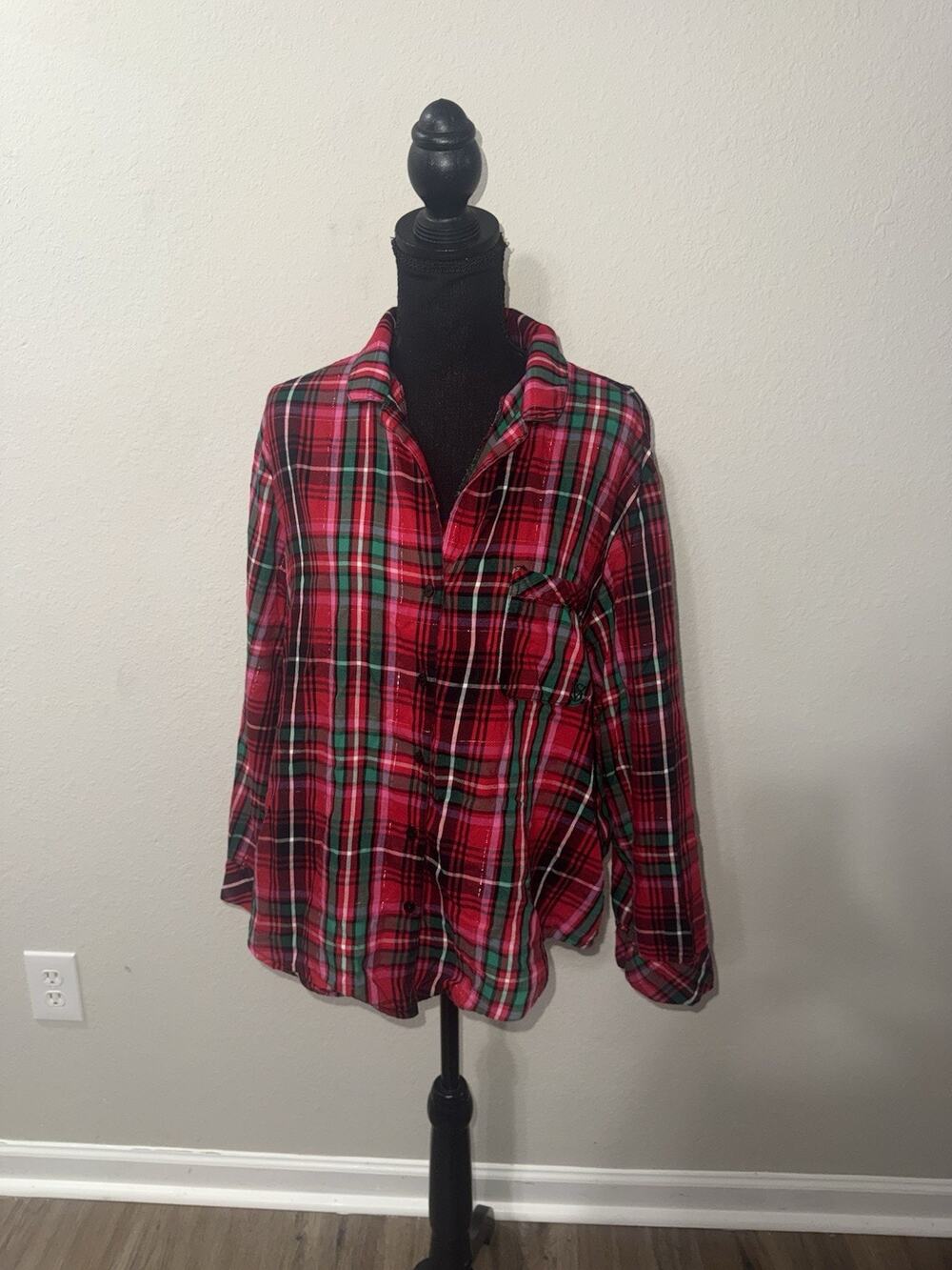 Victoria's Secret Plaid Flannel Pajama Top Shirt L Red Green Pink Shimmer